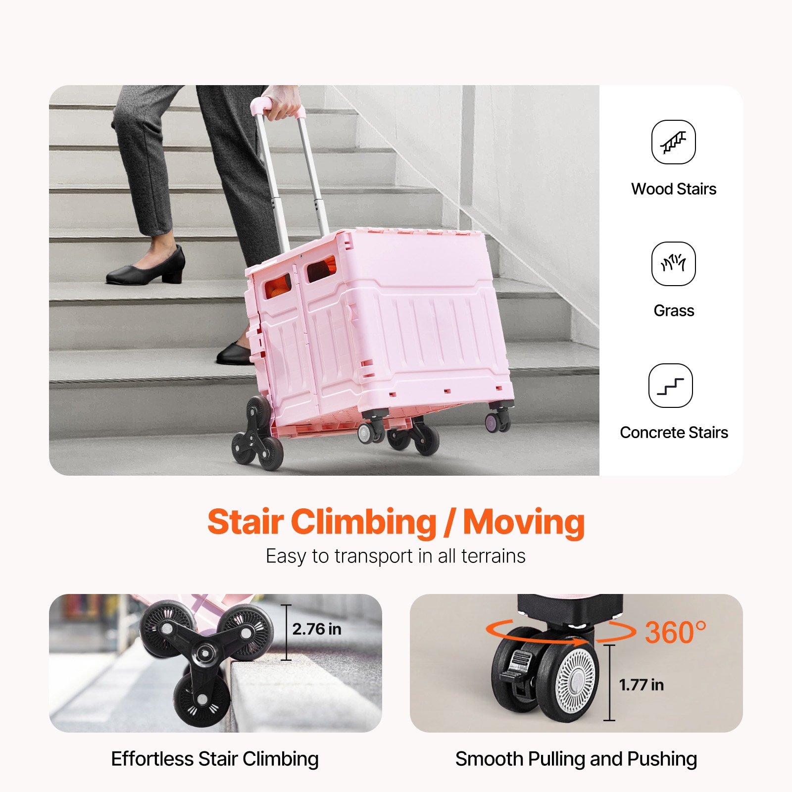 Foldable Trolley With Stair Climbing Wheels And 65l Storage Crate_voghion.com